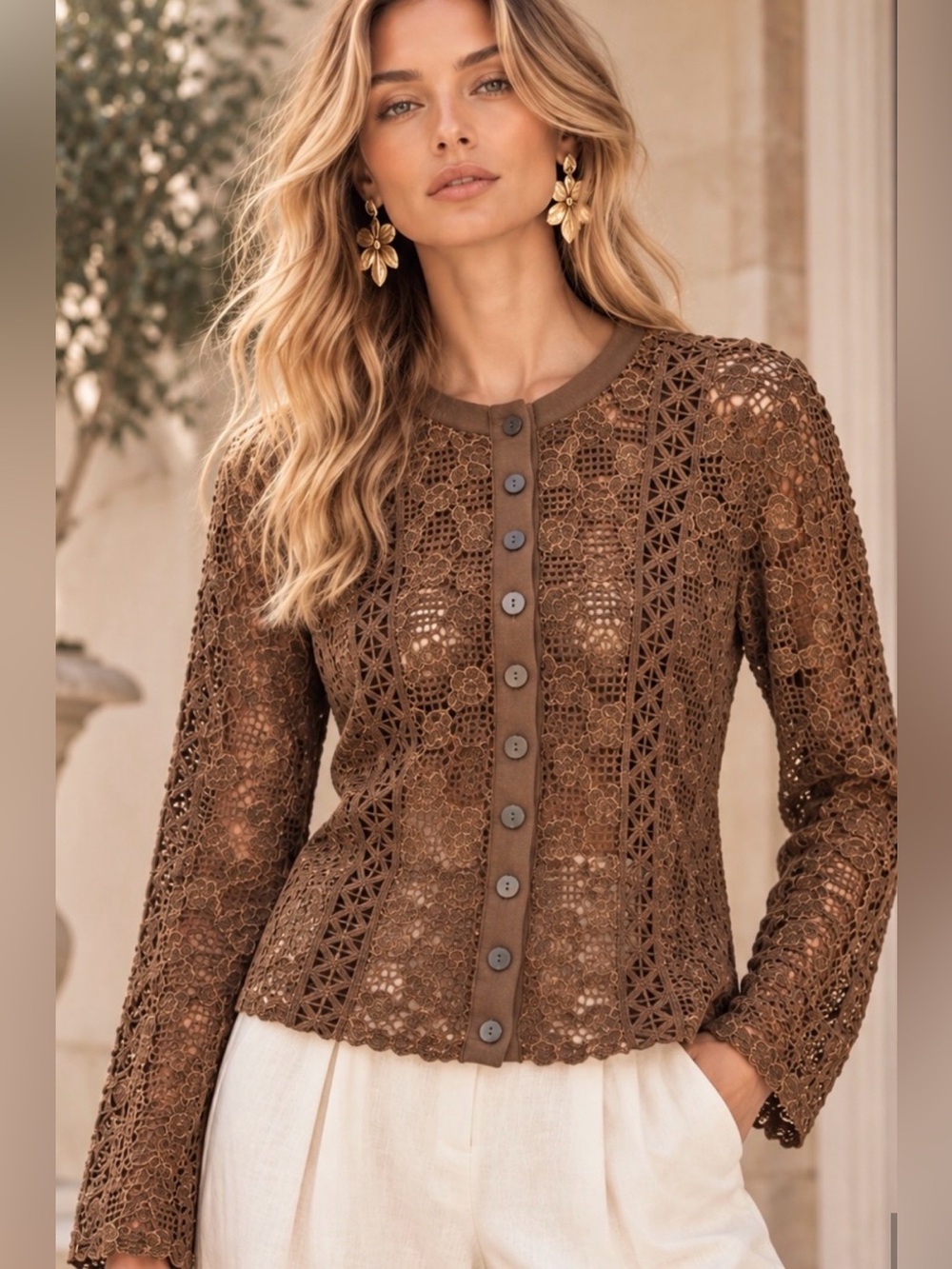 009.New Brown Crochet Button-Front Women's Sweater